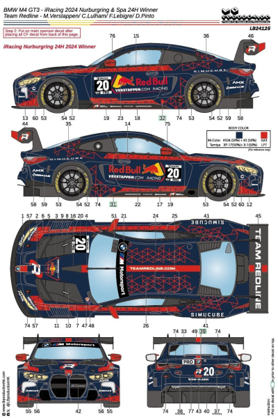 1/24 Decal BMW M4 GT3 - Team Verstappen iRacing Nurburgring 2024 / SPA 24H Team Redline  (LB24125 LBProduction)